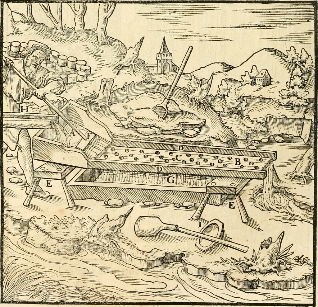 An illustration from Georgii Agricolae De re metallica libri XII. qvibus officia, instrumenta, machinae, ac omnia deni ad metallicam spectantia, non modo luculentissimè describuntur, sed & per effigies, suis locis insertas, adiunctis latinis, germanicis appellationibus ita ob oculos ponuntur, ut clarius tradi non possint. Eivsdem De animantibvs svbterraneis liber, ab autore recognitus: cum indicibus diuersis, quicqiuid in opere tractatum est, pulchré demonstrantibus, 1556, leaf 275