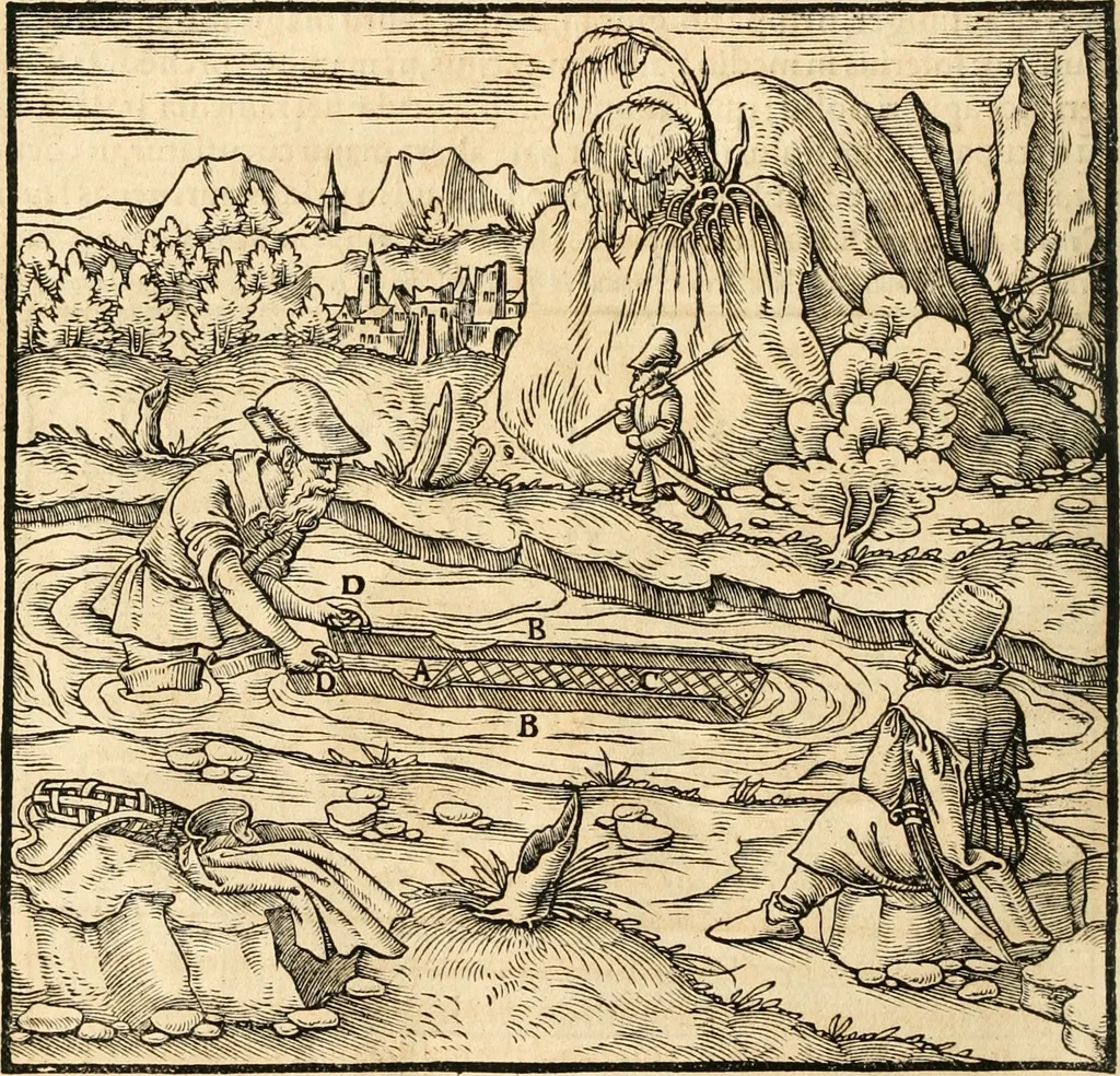 An illustration from Georgii Agricolae De re metallica libri XII. qvibus officia, instrumenta, machinae, ac omnia deni ad metallicam spectantia, non modo luculentissimè describuntur, sed & per effigies, suis locis insertas, adiunctis latinis, germanicis appellationibus ita ob oculos ponuntur, ut clarius tradi non possint. Eivsdem De animantibvs svbterraneis liber, ab autore recognitus: cum indicibus diuersis, quicqiuid in opere tractatum est, pulchré demonstrantibus, 1556, leaf 277