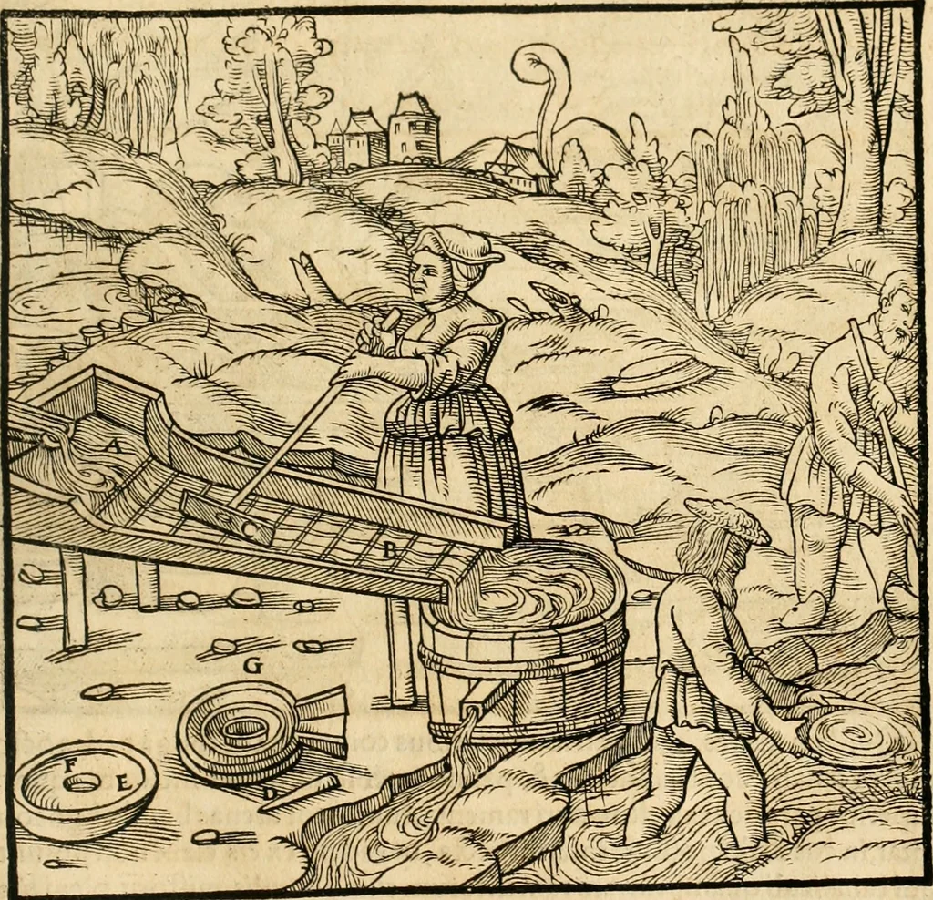 An illustration from Georgii Agricolae De re metallica libri XII. qvibus officia, instrumenta, machinae, ac omnia deni ad metallicam spectantia, non modo luculentissimè describuntur, sed & per effigies, suis locis insertas, adiunctis latinis, germanicis appellationibus ita ob oculos ponuntur, ut clarius tradi non possint. Eivsdem De animantibvs svbterraneis liber, ab autore recognitus: cum indicibus diuersis, quicqiuid in opere tractatum est, pulchré demonstrantibus, 1556, leaf 278