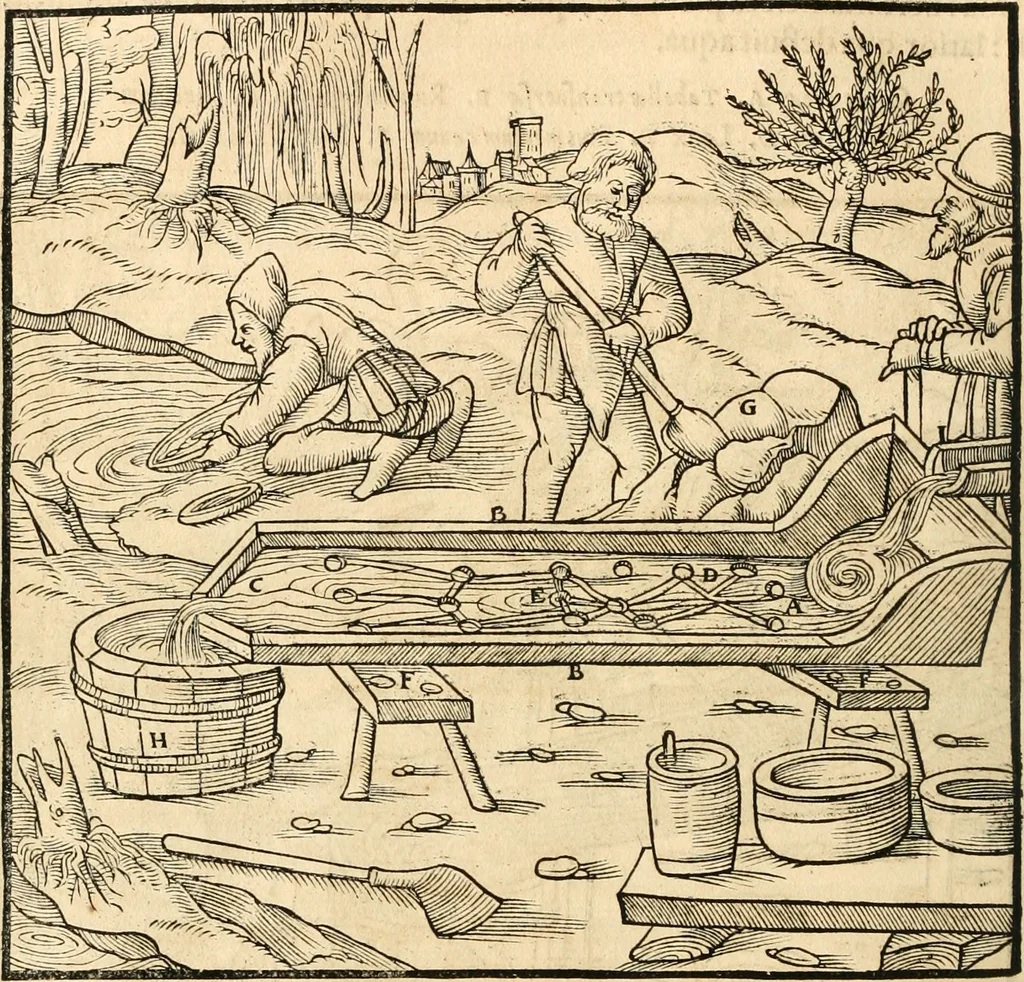 An illustration from Georgii Agricolae De re metallica libri XII. qvibus officia, instrumenta, machinae, ac omnia deni ad metallicam spectantia, non modo luculentissimè describuntur, sed & per effigies, suis locis insertas, adiunctis latinis, germanicis appellationibus ita ob oculos ponuntur, ut clarius tradi non possint. Eivsdem De animantibvs svbterraneis liber, ab autore recognitus: cum indicibus diuersis, quicqiuid in opere tractatum est, pulchré demonstrantibus, 1556, leaf 279