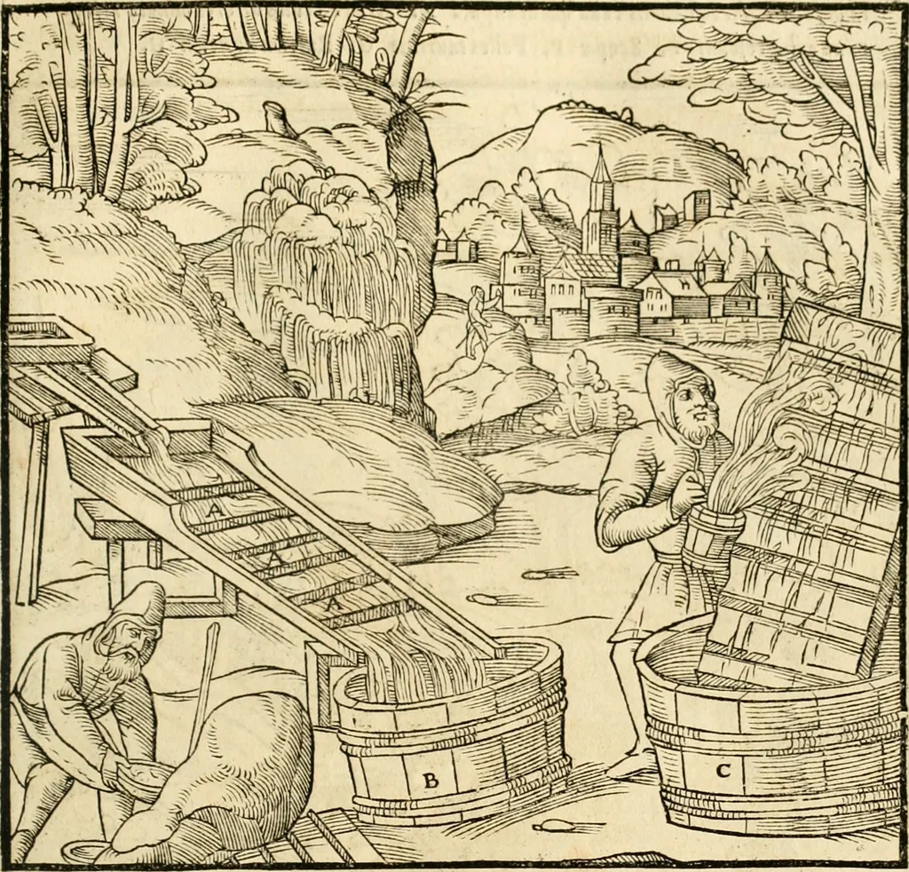 An illustration from Georgii Agricolae De re metallica libri XII. qvibus officia, instrumenta, machinae, ac omnia deni ad metallicam spectantia, non modo luculentissimè describuntur, sed & per effigies, suis locis insertas, adiunctis latinis, germanicis appellationibus ita ob oculos ponuntur, ut clarius tradi non possint. Eivsdem De animantibvs svbterraneis liber, ab autore recognitus: cum indicibus diuersis, quicqiuid in opere tractatum est, pulchré demonstrantibus, 1556, leaf 280