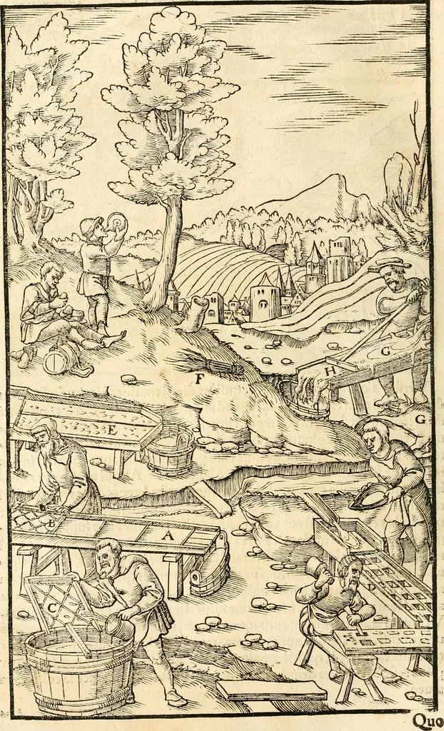 An illustration from Georgii Agricolae De re metallica libri XII. qvibus officia, instrumenta, machinae, ac omnia deni ad metallicam spectantia, non modo luculentissimè describuntur, sed & per effigies, suis locis insertas, adiunctis latinis, germanicis appellationibus ita ob oculos ponuntur, ut clarius tradi non possint. Eivsdem De animantibvs svbterraneis liber, ab autore recognitus: cum indicibus diuersis, quicqiuid in opere tractatum est, pulchré demonstrantibus, 1556, leaf 281