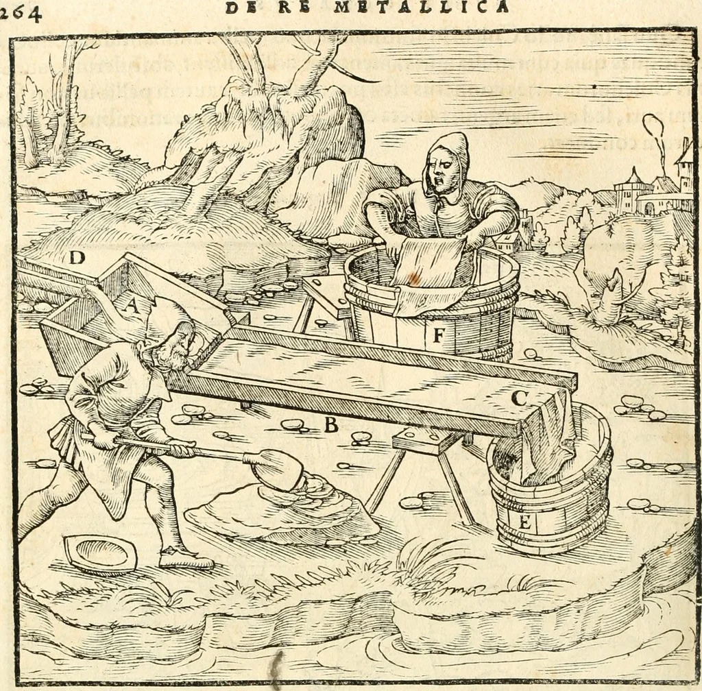 An illustration from Georgii Agricolae De re metallica libri XII. qvibus officia, instrumenta, machinae, ac omnia deni ad metallicam spectantia, non modo luculentissimè describuntur, sed & per effigies, suis locis insertas, adiunctis latinis, germanicis appellationibus ita ob oculos ponuntur, ut clarius tradi non possint. Eivsdem De animantibvs svbterraneis liber, ab autore recognitus: cum indicibus diuersis, quicqiuid in opere tractatum est, pulchré demonstrantibus, 1556, leaf 283