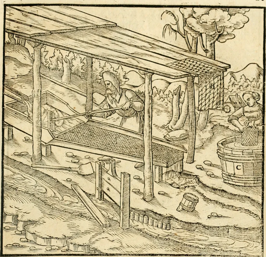 An illustration from Georgii Agricolae De re metallica libri XII. qvibus officia, instrumenta, machinae, ac omnia deni ad metallicam spectantia, non modo luculentissimè describuntur, sed & per effigies, suis locis insertas, adiunctis latinis, germanicis appellationibus ita ob oculos ponuntur, ut clarius tradi non possint. Eivsdem De animantibvs svbterraneis liber, ab autore recognitus: cum indicibus diuersis, quicqiuid in opere tractatum est, pulchré demonstrantibus, 1556, leaf 284