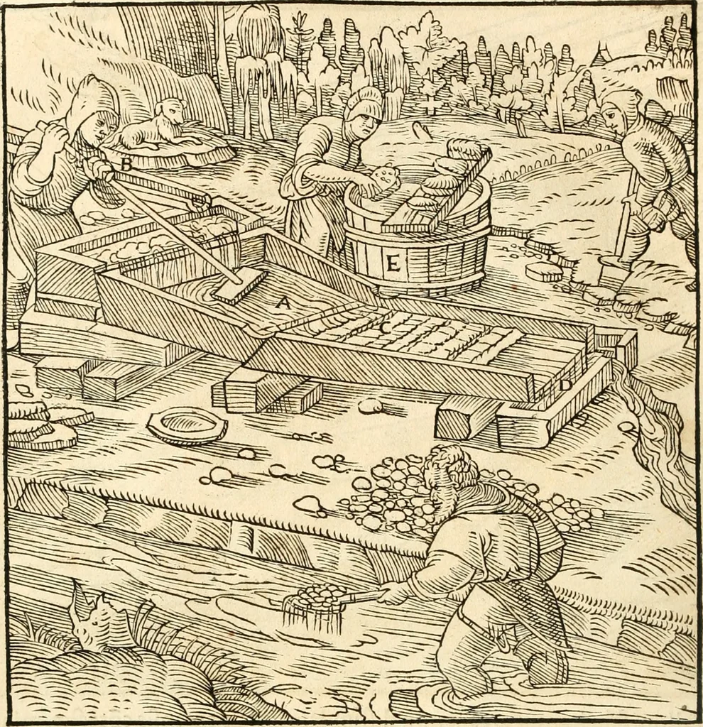 An illustration from Georgii Agricolae De re metallica libri XII. qvibus officia, instrumenta, machinae, ac omnia deni ad metallicam spectantia, non modo luculentissimè describuntur, sed & per effigies, suis locis insertas, adiunctis latinis, germanicis appellationibus ita ob oculos ponuntur, ut clarius tradi non possint. Eivsdem De animantibvs svbterraneis liber, ab autore recognitus: cum indicibus diuersis, quicqiuid in opere tractatum est, pulchré demonstrantibus, 1556, leaf 285