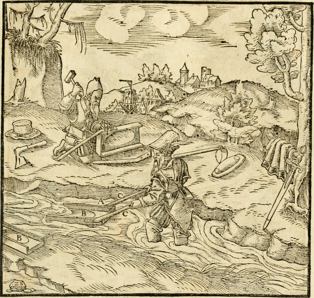 An illustration from Georgii Agricolae De re metallica libri XII. qvibus officia, instrumenta, machinae, ac omnia deni ad metallicam spectantia, non modo luculentissimè describuntur, sed & per effigies, suis locis insertas, adiunctis latinis, germanicis appellationibus ita ob oculos ponuntur, ut clarius tradi non possint. Eivsdem De animantibvs svbterraneis liber, ab autore recognitus: cum indicibus diuersis, quicqiuid in opere tractatum est, pulchré demonstrantibus, 1556, leaf 286