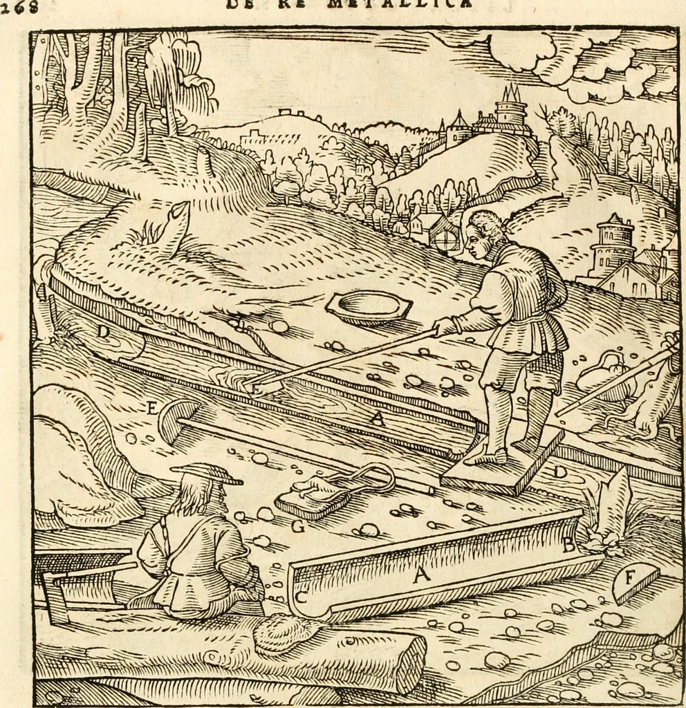 An illustration from Georgii Agricolae De re metallica libri XII. qvibus officia, instrumenta, machinae, ac omnia deni ad metallicam spectantia, non modo luculentissimè describuntur, sed & per effigies, suis locis insertas, adiunctis latinis, germanicis appellationibus ita ob oculos ponuntur, ut clarius tradi non possint. Eivsdem De animantibvs svbterraneis liber, ab autore recognitus: cum indicibus diuersis, quicqiuid in opere tractatum est, pulchré demonstrantibus, 1556, leaf 287