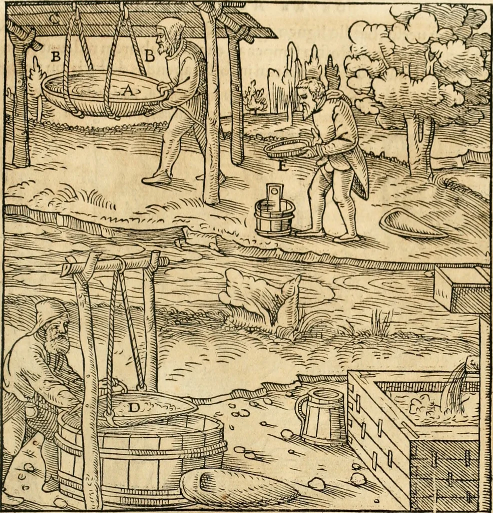 An illustration from Georgii Agricolae De re metallica libri XII. qvibus officia, instrumenta, machinae, ac omnia deni ad metallicam spectantia, non modo luculentissimè describuntur, sed & per effigies, suis locis insertas, adiunctis latinis, germanicis appellationibus ita ob oculos ponuntur, ut clarius tradi non possint. Eivsdem De animantibvs svbterraneis liber, ab autore recognitus: cum indicibus diuersis, quicqiuid in opere tractatum est, pulchré demonstrantibus, 1556, leaf 288