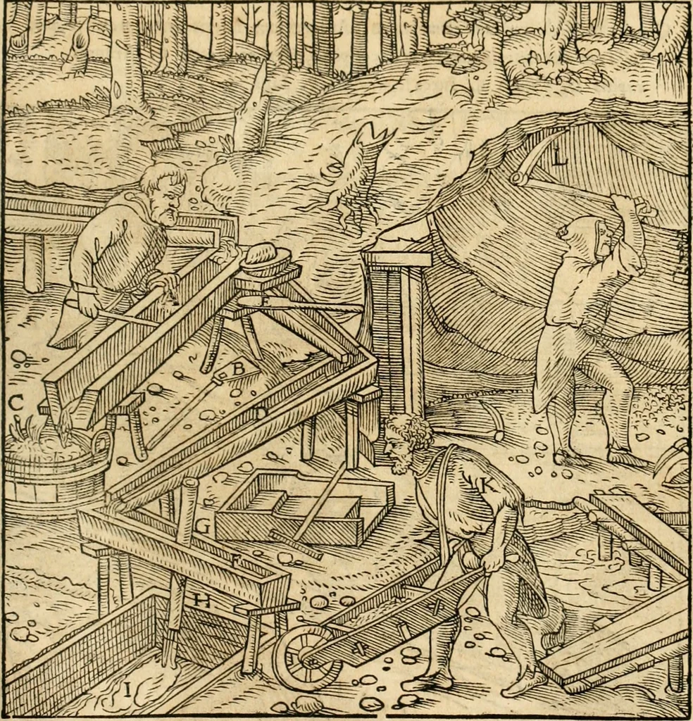 An illustration from Georgii Agricolae De re metallica libri XII. qvibus officia, instrumenta, machinae, ac omnia deni ad metallicam spectantia, non modo luculentissimè describuntur, sed & per effigies, suis locis insertas, adiunctis latinis, germanicis appellationibus ita ob oculos ponuntur, ut clarius tradi non possint. Eivsdem De animantibvs svbterraneis liber, ab autore recognitus: cum indicibus diuersis, quicqiuid in opere tractatum est, pulchré demonstrantibus, 1556, leaf 290