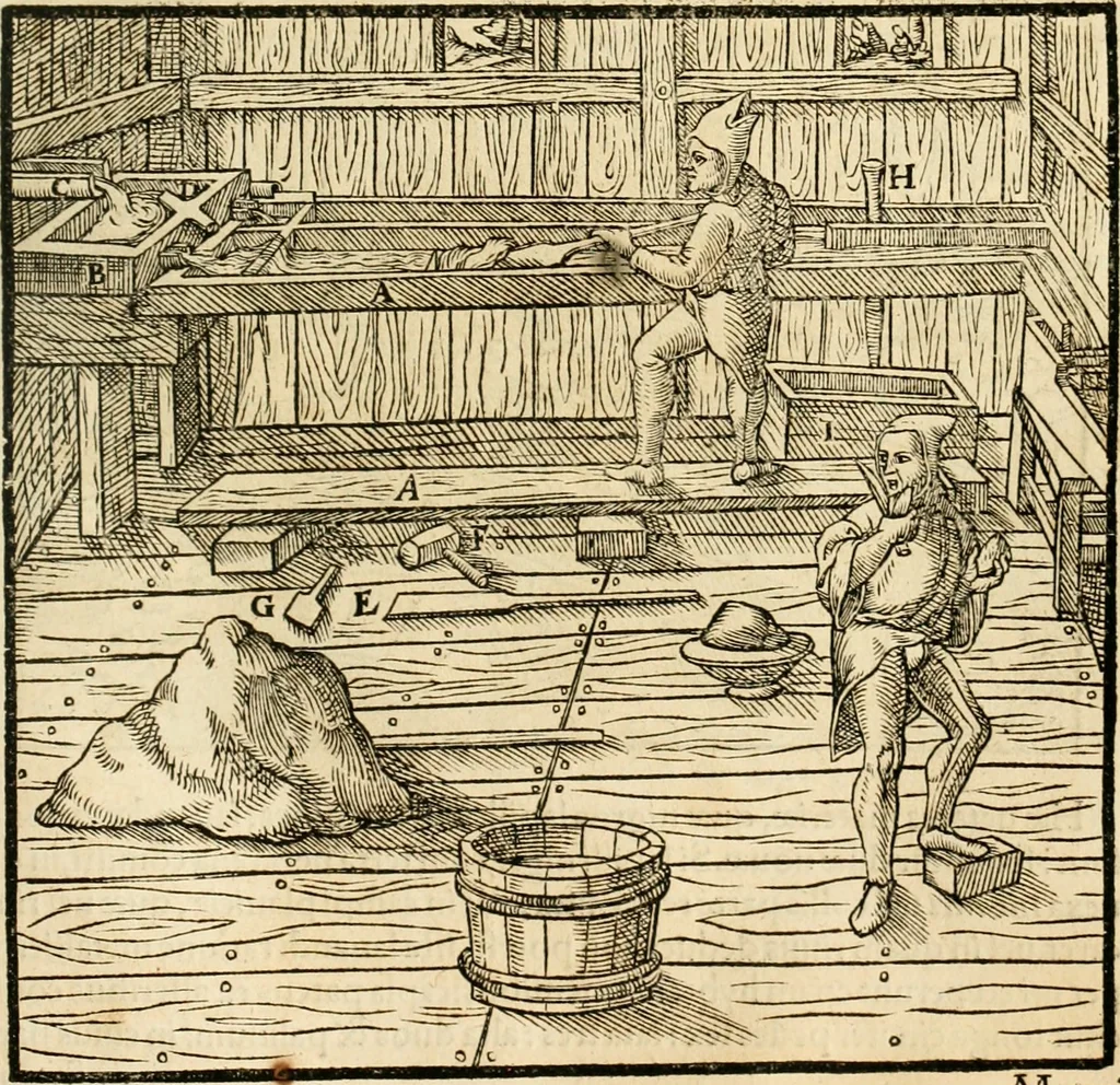 An illustration from Georgii Agricolae De re metallica libri XII. qvibus officia, instrumenta, machinae, ac omnia deni ad metallicam spectantia, non modo luculentissimè describuntur, sed & per effigies, suis locis insertas, adiunctis latinis, germanicis appellationibus ita ob oculos ponuntur, ut clarius tradi non possint. Eivsdem De animantibvs svbterraneis liber, ab autore recognitus: cum indicibus diuersis, quicqiuid in opere tractatum est, pulchré demonstrantibus, 1556, leaf 292