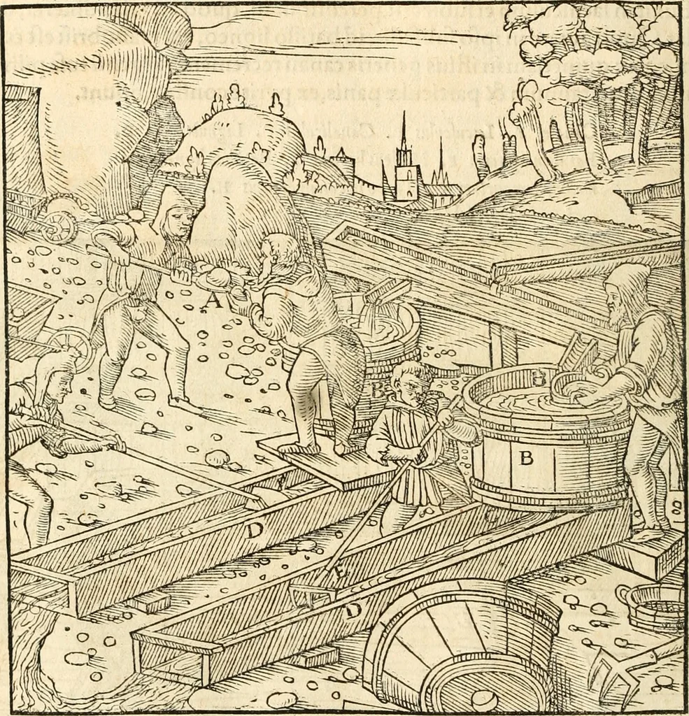 An illustration from Georgii Agricolae De re metallica libri XII. qvibus officia, instrumenta, machinae, ac omnia deni ad metallicam spectantia, non modo luculentissimè describuntur, sed & per effigies, suis locis insertas, adiunctis latinis, germanicis appellationibus ita ob oculos ponuntur, ut clarius tradi non possint. Eivsdem De animantibvs svbterraneis liber, ab autore recognitus: cum indicibus diuersis, quicqiuid in opere tractatum est, pulchré demonstrantibus, 1556, leaf 293