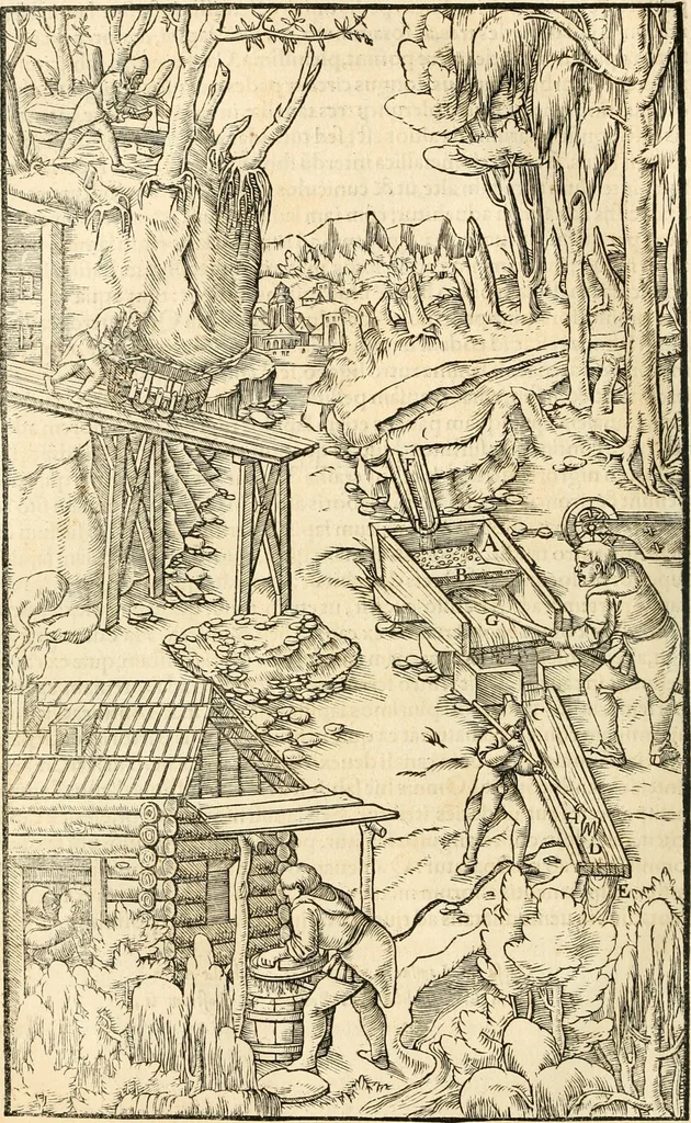 An illustration from Georgii Agricolae De re metallica libri XII. qvibus officia, instrumenta, machinae, ac omnia deni ad metallicam spectantia, non modo luculentissimè describuntur, sed & per effigies, suis locis insertas, adiunctis latinis, germanicis appellationibus ita ob oculos ponuntur, ut clarius tradi non possint. Eivsdem De animantibvs svbterraneis liber, ab autore recognitus: cum indicibus diuersis, quicqiuid in opere tractatum est, pulchré demonstrantibus, 1556, leaf 295