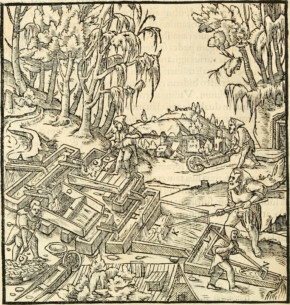 An illustration from Georgii Agricolae De re metallica libri XII. qvibus officia, instrumenta, machinae, ac omnia deni ad metallicam spectantia, non modo luculentissimè describuntur, sed & per effigies, suis locis insertas, adiunctis latinis, germanicis appellationibus ita ob oculos ponuntur, ut clarius tradi non possint. Eivsdem De animantibvs svbterraneis liber, ab autore recognitus: cum indicibus diuersis, quicqiuid in opere tractatum est, pulchré demonstrantibus, 1556, leaf 297