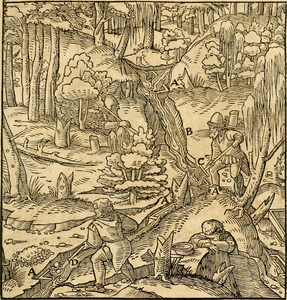 An illustration from Georgii Agricolae De re metallica libri XII. qvibus officia, instrumenta, machinae, ac omnia deni ad metallicam spectantia, non modo luculentissimè describuntur, sed & per effigies, suis locis insertas, adiunctis latinis, germanicis appellationibus ita ob oculos ponuntur, ut clarius tradi non possint. Eivsdem De animantibvs svbterraneis liber, ab autore recognitus: cum indicibus diuersis, quicqiuid in opere tractatum est, pulchré demonstrantibus, 1556, leaf 298