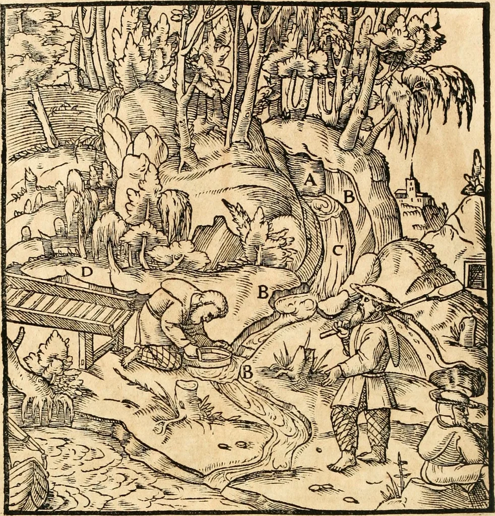 An illustration from Georgii Agricolae De re metallica libri XII. qvibus officia, instrumenta, machinae, ac omnia deni ad metallicam spectantia, non modo luculentissimè describuntur, sed & per effigies, suis locis insertas, adiunctis latinis, germanicis appellationibus ita ob oculos ponuntur, ut clarius tradi non possint. Eivsdem De animantibvs svbterraneis liber, ab autore recognitus: cum indicibus diuersis, quicqiuid in opere tractatum est, pulchré demonstrantibus, 1556, leaf 299