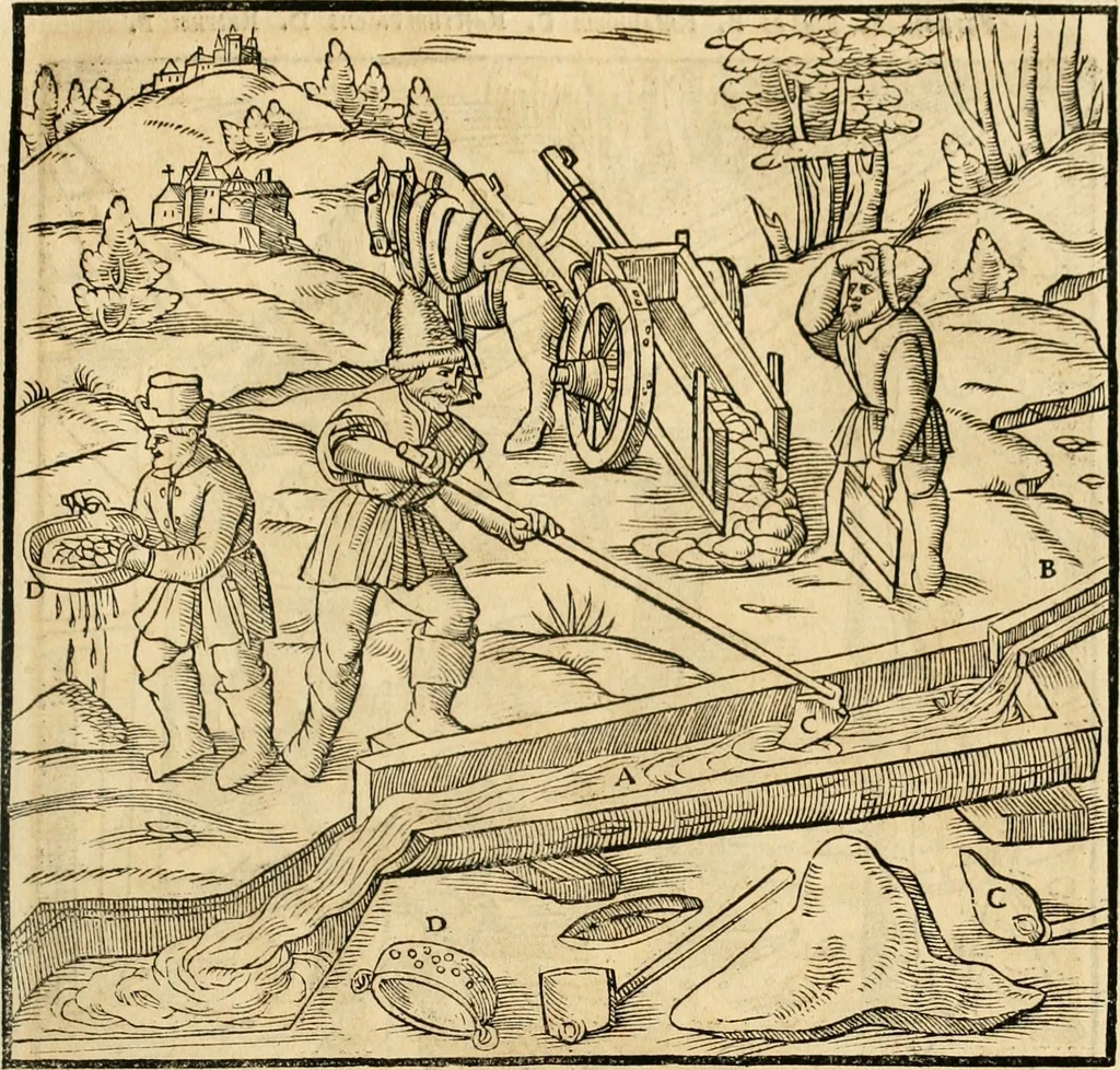 An illustration from Georgii Agricolae De re metallica libri XII. qvibus officia, instrumenta, machinae, ac omnia deni ad metallicam spectantia, non modo luculentissimè describuntur, sed & per effigies, suis locis insertas, adiunctis latinis, germanicis appellationibus ita ob oculos ponuntur, ut clarius tradi non possint. Eivsdem De animantibvs svbterraneis liber, ab autore recognitus: cum indicibus diuersis, quicqiuid in opere tractatum est, pulchré demonstrantibus, 1556, leaf 300