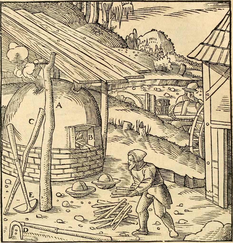 An illustration from Georgii Agricolae De re metallica libri XII. qvibus officia, instrumenta, machinae, ac omnia deni ad metallicam spectantia, non modo luculentissimè describuntur, sed & per effigies, suis locis insertas, adiunctis latinis, germanicis appellationibus ita ob oculos ponuntur, ut clarius tradi non possint. Eivsdem De animantibvs svbterraneis liber, ab autore recognitus: cum indicibus diuersis, quicqiuid in opere tractatum est, pulchré demonstrantibus, 1556, leaf 301