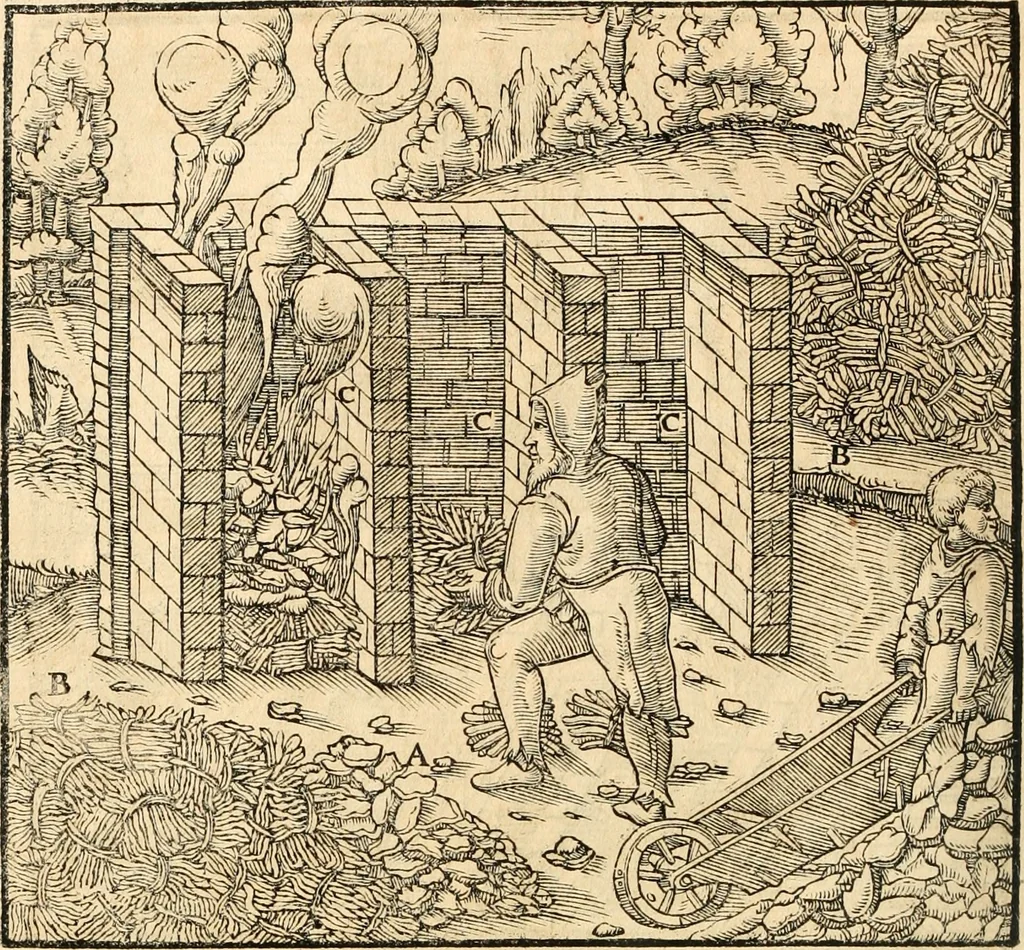 An illustration from Georgii Agricolae De re metallica libri XII. qvibus officia, instrumenta, machinae, ac omnia deni ad metallicam spectantia, non modo luculentissimè describuntur, sed & per effigies, suis locis insertas, adiunctis latinis, germanicis appellationibus ita ob oculos ponuntur, ut clarius tradi non possint. Eivsdem De animantibvs svbterraneis liber, ab autore recognitus: cum indicibus diuersis, quicqiuid in opere tractatum est, pulchré demonstrantibus, 1556, leaf 303