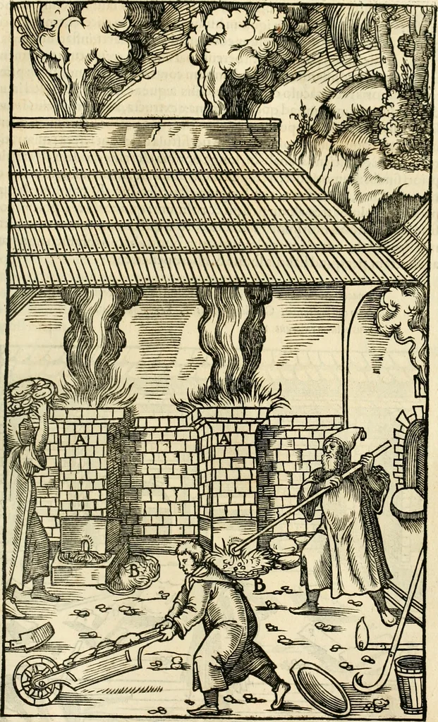 An illustration from Georgii Agricolae De re metallica libri XII. qvibus officia, instrumenta, machinae, ac omnia deni ad metallicam spectantia, non modo luculentissimè describuntur, sed & per effigies, suis locis insertas, adiunctis latinis, germanicis appellationibus ita ob oculos ponuntur, ut clarius tradi non possint. Eivsdem De animantibvs svbterraneis liber, ab autore recognitus: cum indicibus diuersis, quicqiuid in opere tractatum est, pulchré demonstrantibus, 1556, leaf 306