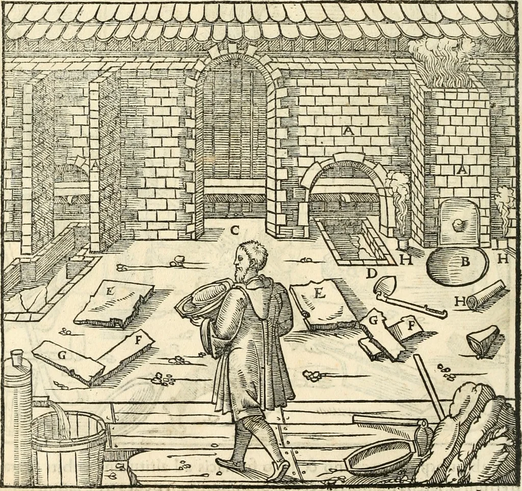 An illustration from Georgii Agricolae De re metallica libri XII. qvibus officia, instrumenta, machinae, ac omnia deni ad metallicam spectantia, non modo luculentissimè describuntur, sed & per effigies, suis locis insertas, adiunctis latinis, germanicis appellationibus ita ob oculos ponuntur, ut clarius tradi non possint. Eivsdem De animantibvs svbterraneis liber, ab autore recognitus: cum indicibus diuersis, quicqiuid in opere tractatum est, pulchré demonstrantibus, 1556, leaf 307