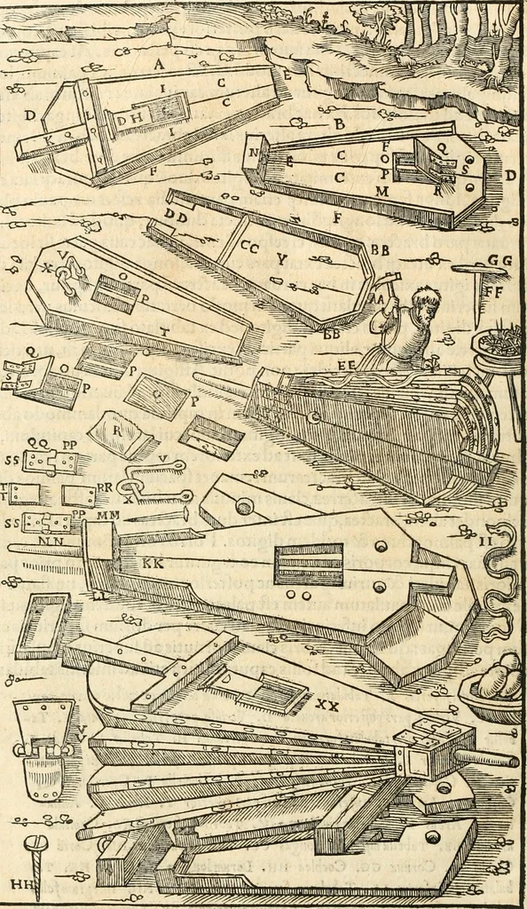 An illustration from Georgii Agricolae De re metallica libri XII. qvibus officia, instrumenta, machinae, ac omnia deni ad metallicam spectantia, non modo luculentissimè describuntur, sed & per effigies, suis locis insertas, adiunctis latinis, germanicis appellationibus ita ob oculos ponuntur, ut clarius tradi non possint. Eivsdem De animantibvs svbterraneis liber, ab autore recognitus: cum indicibus diuersis, quicqiuid in opere tractatum est, pulchré demonstrantibus, 1556, leaf 315