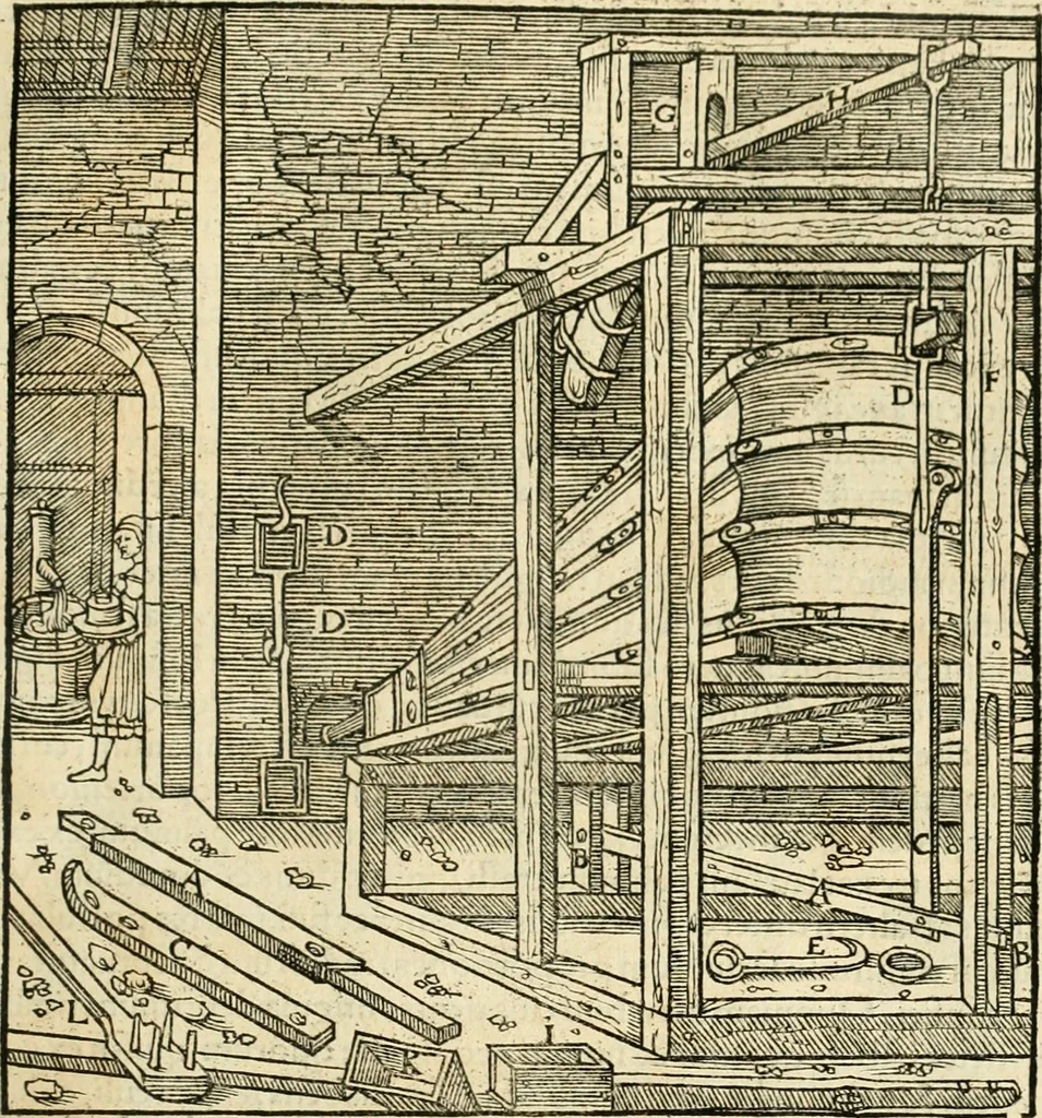 An illustration from Georgii Agricolae De re metallica libri XII. qvibus officia, instrumenta, machinae, ac omnia deni ad metallicam spectantia, non modo luculentissimè describuntur, sed & per effigies, suis locis insertas, adiunctis latinis, germanicis appellationibus ita ob oculos ponuntur, ut clarius tradi non possint. Eivsdem De animantibvs svbterraneis liber, ab autore recognitus: cum indicibus diuersis, quicqiuid in opere tractatum est, pulchré demonstrantibus, 1556, leaf 320