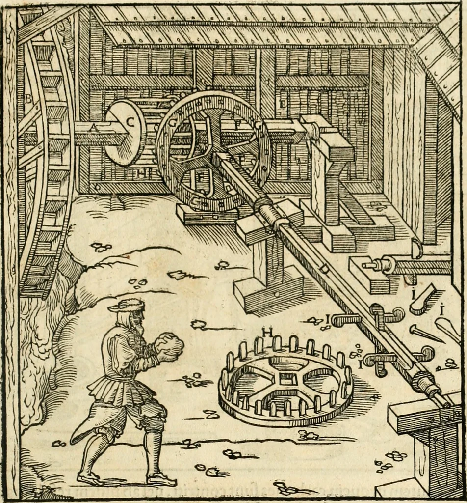 An illustration from Georgii Agricolae De re metallica libri XII. qvibus officia, instrumenta, machinae, ac omnia deni ad metallicam spectantia, non modo luculentissimè describuntur, sed & per effigies, suis locis insertas, adiunctis latinis, germanicis appellationibus ita ob oculos ponuntur, ut clarius tradi non possint. Eivsdem De animantibvs svbterraneis liber, ab autore recognitus: cum indicibus diuersis, quicqiuid in opere tractatum est, pulchré demonstrantibus, 1556, leaf 322