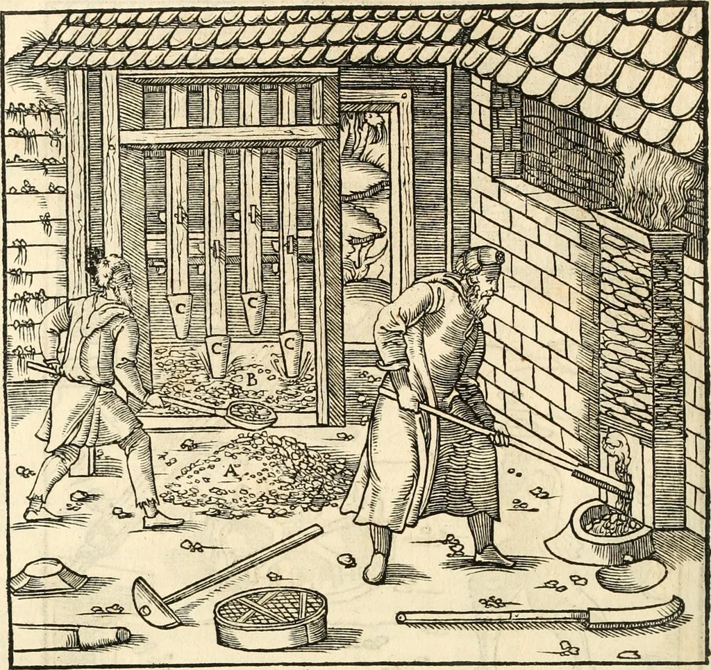 An illustration from Georgii Agricolae De re metallica libri XII. qvibus officia, instrumenta, machinae, ac omnia deni ad metallicam spectantia, non modo luculentissimè describuntur, sed & per effigies, suis locis insertas, adiunctis latinis, germanicis appellationibus ita ob oculos ponuntur, ut clarius tradi non possint. Eivsdem De animantibvs svbterraneis liber, ab autore recognitus: cum indicibus diuersis, quicqiuid in opere tractatum est, pulchré demonstrantibus, 1556, leaf 323