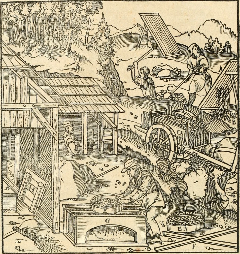 An illustration from Georgii Agricolae De re metallica libri XII. qvibus officia, instrumenta, machinae, ac omnia deni ad metallicam spectantia, non modo luculentissimè describuntur, sed & per effigies, suis locis insertas, adiunctis latinis, germanicis appellationibus ita ob oculos ponuntur, ut clarius tradi non possint. Eivsdem De animantibvs svbterraneis liber, ab autore recognitus: cum indicibus diuersis, quicqiuid in opere tractatum est, pulchré demonstrantibus, 1556, leaf 325