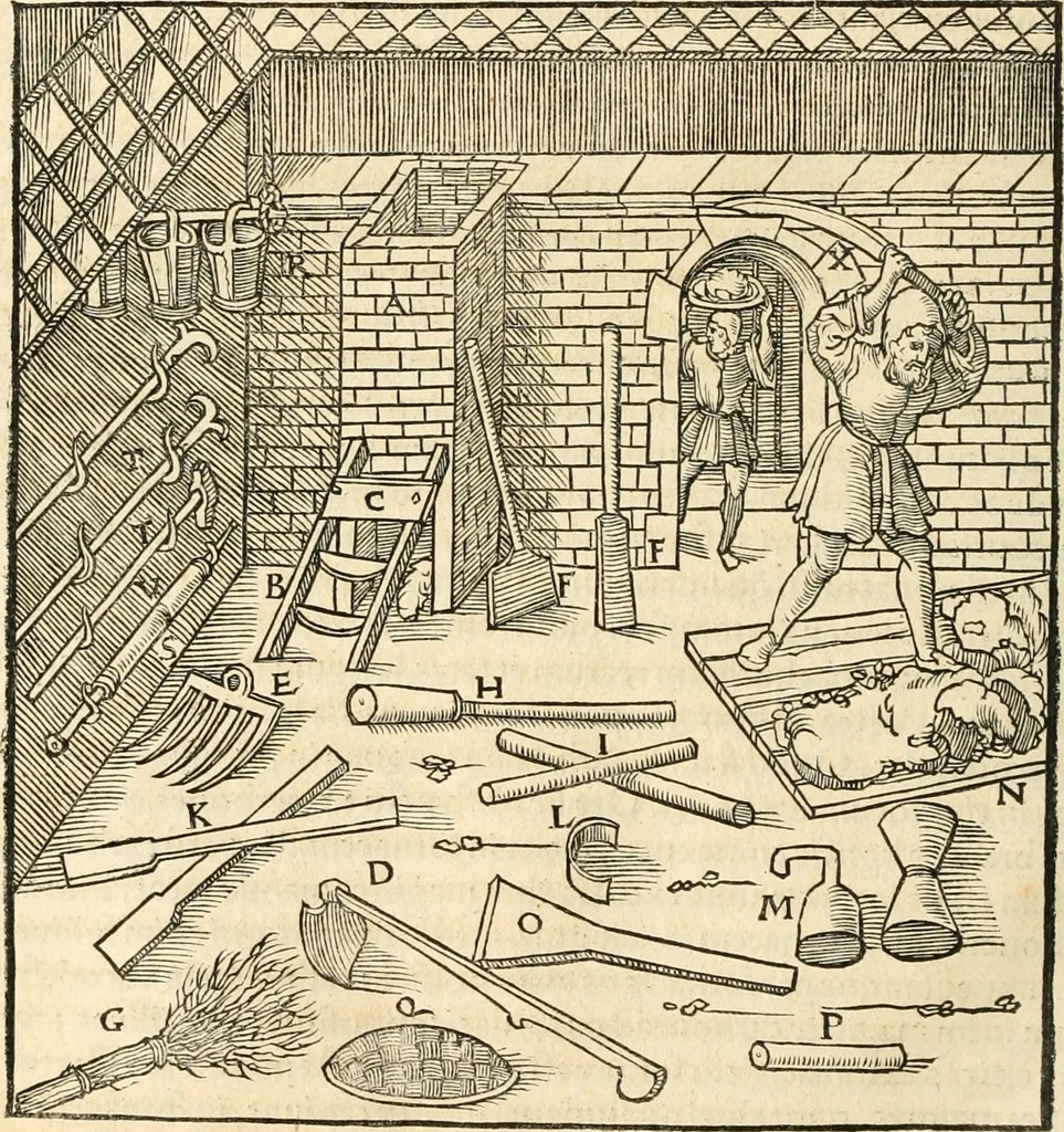 An illustration from Georgii Agricolae De re metallica libri XII. qvibus officia, instrumenta, machinae, ac omnia deni ad metallicam spectantia, non modo luculentissimè describuntur, sed & per effigies, suis locis insertas, adiunctis latinis, germanicis appellationibus ita ob oculos ponuntur, ut clarius tradi non possint. Eivsdem De animantibvs svbterraneis liber, ab autore recognitus: cum indicibus diuersis, quicqiuid in opere tractatum est, pulchré demonstrantibus, 1556, leaf 327