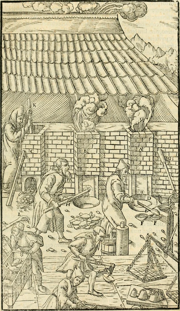 An illustration from Georgii Agricolae De re metallica libri XII. qvibus officia, instrumenta, machinae, ac omnia deni ad metallicam spectantia, non modo luculentissimè describuntur, sed & per effigies, suis locis insertas, adiunctis latinis, germanicis appellationibus ita ob oculos ponuntur, ut clarius tradi non possint. Eivsdem De animantibvs svbterraneis liber, ab autore recognitus: cum indicibus diuersis, quicqiuid in opere tractatum est, pulchré demonstrantibus, 1556, leaf 332