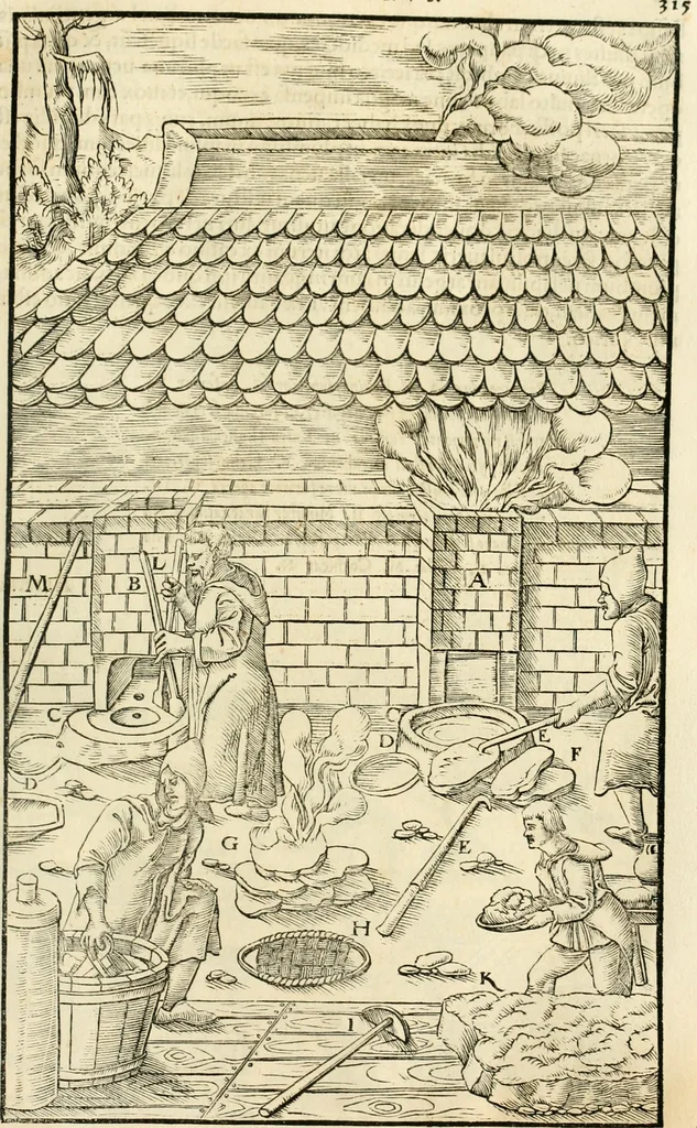 An illustration from Georgii Agricolae De re metallica libri XII. qvibus officia, instrumenta, machinae, ac omnia deni ad metallicam spectantia, non modo luculentissimè describuntur, sed & per effigies, suis locis insertas, adiunctis latinis, germanicis appellationibus ita ob oculos ponuntur, ut clarius tradi non possint. Eivsdem De animantibvs svbterraneis liber, ab autore recognitus: cum indicibus diuersis, quicqiuid in opere tractatum est, pulchré demonstrantibus, 1556, leaf 334