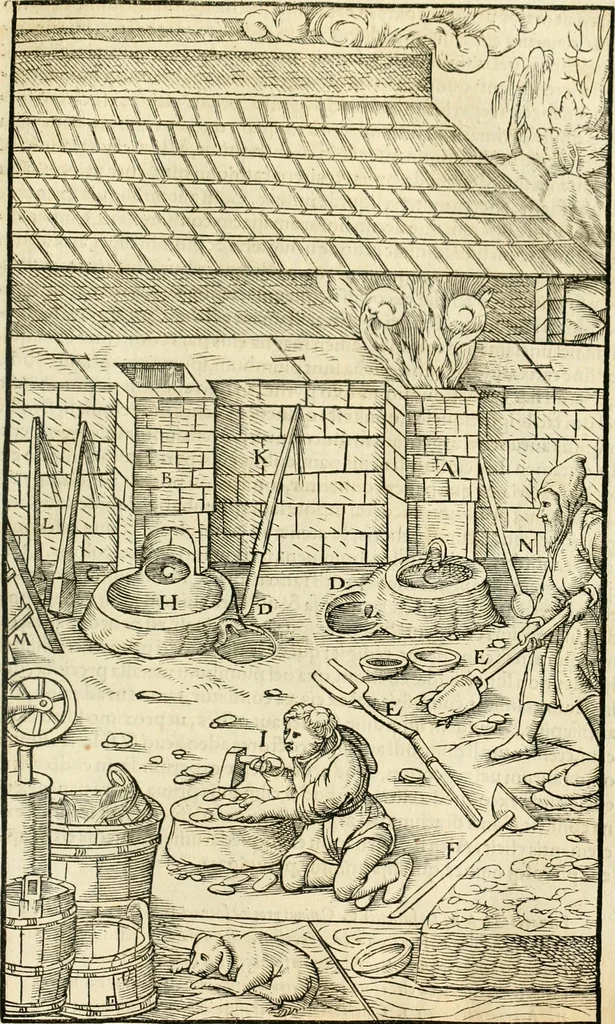 An illustration from Georgii Agricolae De re metallica libri XII. qvibus officia, instrumenta, machinae, ac omnia deni ad metallicam spectantia, non modo luculentissimè describuntur, sed & per effigies, suis locis insertas, adiunctis latinis, germanicis appellationibus ita ob oculos ponuntur, ut clarius tradi non possint. Eivsdem De animantibvs svbterraneis liber, ab autore recognitus: cum indicibus diuersis, quicqiuid in opere tractatum est, pulchré demonstrantibus, 1556, leaf 336