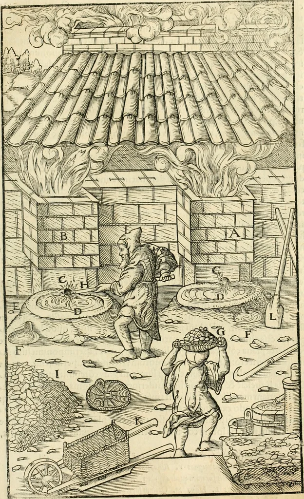 An illustration from Georgii Agricolae De re metallica libri XII. qvibus officia, instrumenta, machinae, ac omnia deni ad metallicam spectantia, non modo luculentissimè describuntur, sed & per effigies, suis locis insertas, adiunctis latinis, germanicis appellationibus ita ob oculos ponuntur, ut clarius tradi non possint. Eivsdem De animantibvs svbterraneis liber, ab autore recognitus: cum indicibus diuersis, quicqiuid in opere tractatum est, pulchré demonstrantibus, 1556, leaf 338