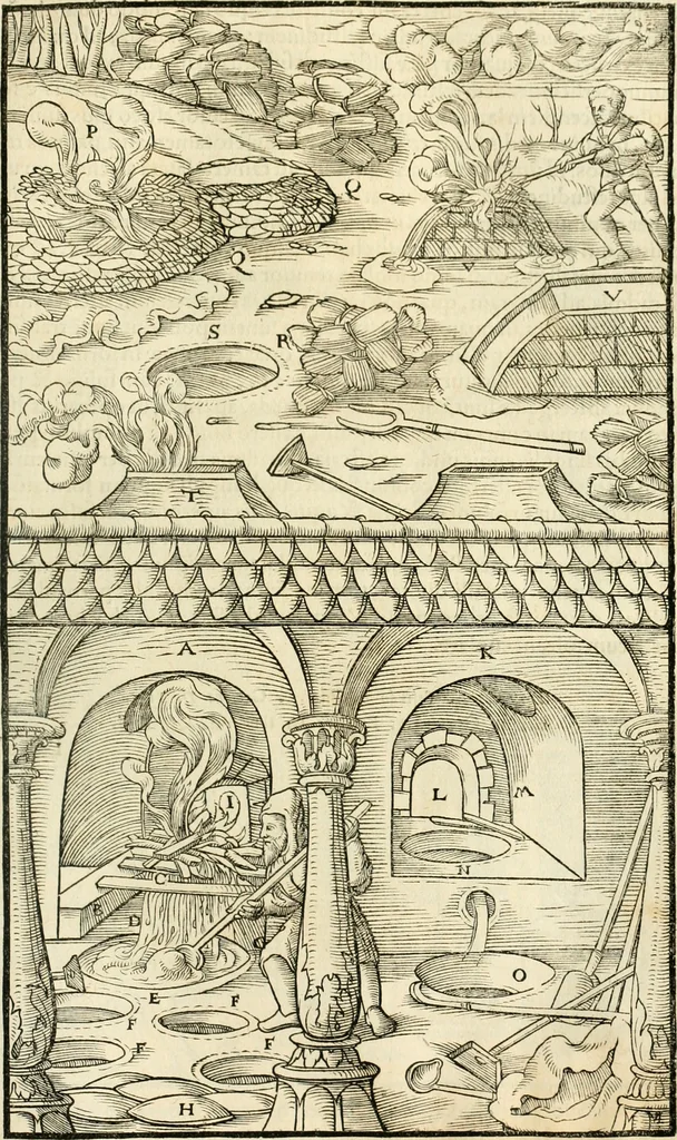 An illustration from Georgii Agricolae De re metallica libri XII. qvibus officia, instrumenta, machinae, ac omnia deni ad metallicam spectantia, non modo luculentissimè describuntur, sed & per effigies, suis locis insertas, adiunctis latinis, germanicis appellationibus ita ob oculos ponuntur, ut clarius tradi non possint. Eivsdem De animantibvs svbterraneis liber, ab autore recognitus: cum indicibus diuersis, quicqiuid in opere tractatum est, pulchré demonstrantibus, 1556, leaf 340