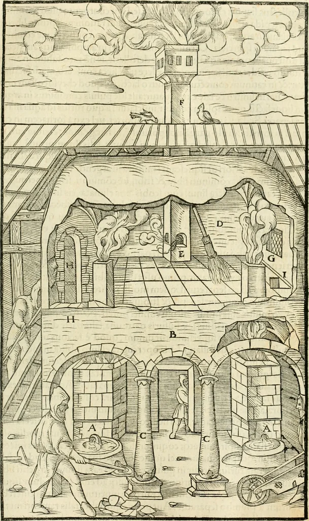 An illustration from Georgii Agricolae De re metallica libri XII. qvibus officia, instrumenta, machinae, ac omnia deni ad metallicam spectantia, non modo luculentissimè describuntur, sed & per effigies, suis locis insertas, adiunctis latinis, germanicis appellationibus ita ob oculos ponuntur, ut clarius tradi non possint. Eivsdem De animantibvs svbterraneis liber, ab autore recognitus: cum indicibus diuersis, quicqiuid in opere tractatum est, pulchré demonstrantibus, 1556, leaf 342