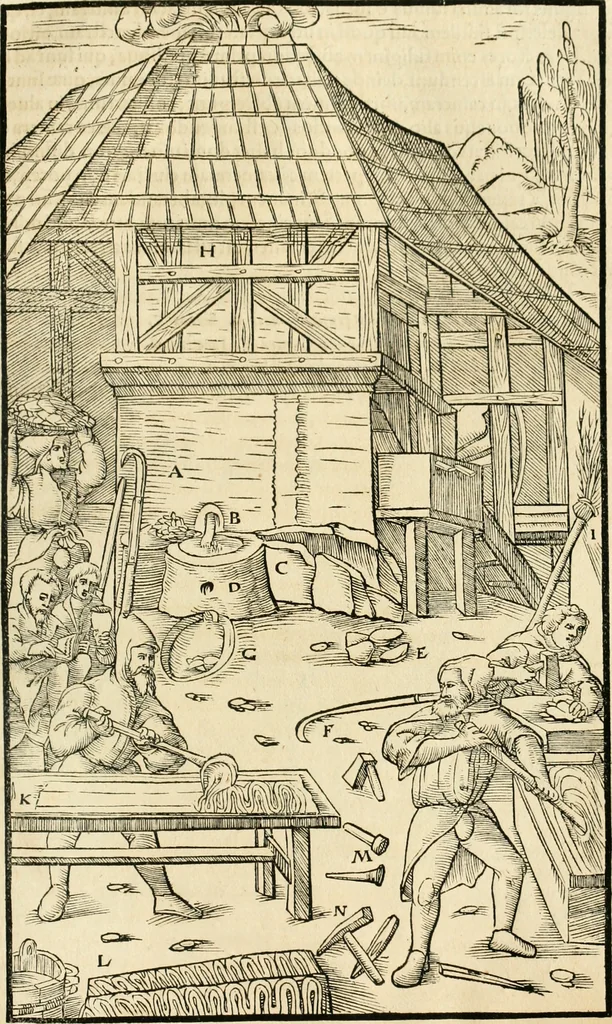 An illustration from Georgii Agricolae De re metallica libri XII. qvibus officia, instrumenta, machinae, ac omnia deni ad metallicam spectantia, non modo luculentissimè describuntur, sed & per effigies, suis locis insertas, adiunctis latinis, germanicis appellationibus ita ob oculos ponuntur, ut clarius tradi non possint. Eivsdem De animantibvs svbterraneis liber, ab autore recognitus: cum indicibus diuersis, quicqiuid in opere tractatum est, pulchré demonstrantibus, 1556, leaf 352