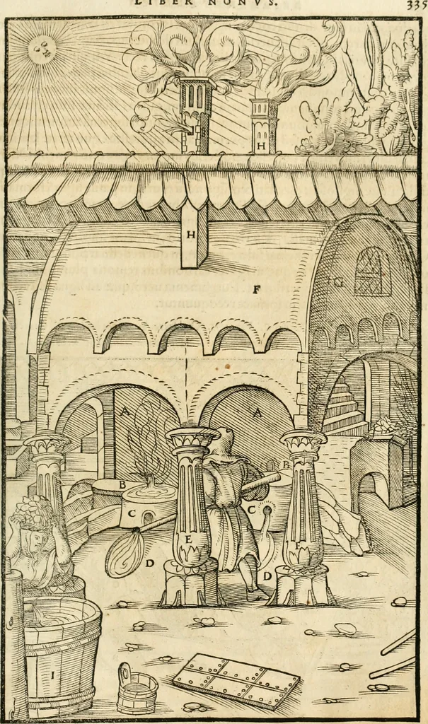 An illustration from Georgii Agricolae De re metallica libri XII. qvibus officia, instrumenta, machinae, ac omnia deni ad metallicam spectantia, non modo luculentissimè describuntur, sed & per effigies, suis locis insertas, adiunctis latinis, germanicis appellationibus ita ob oculos ponuntur, ut clarius tradi non possint. Eivsdem De animantibvs svbterraneis liber, ab autore recognitus: cum indicibus diuersis, quicqiuid in opere tractatum est, pulchré demonstrantibus, 1556, leaf 354