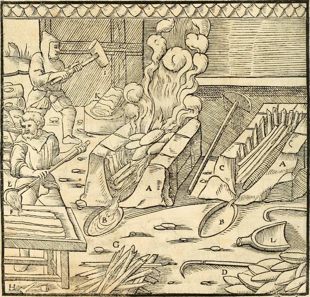 An illustration from Georgii Agricolae De re metallica libri XII. qvibus officia, instrumenta, machinae, ac omnia deni ad metallicam spectantia, non modo luculentissimè describuntur, sed & per effigies, suis locis insertas, adiunctis latinis, germanicis appellationibus ita ob oculos ponuntur, ut clarius tradi non possint. Eivsdem De animantibvs svbterraneis liber, ab autore recognitus: cum indicibus diuersis, quicqiuid in opere tractatum est, pulchré demonstrantibus, 1556, leaf 355