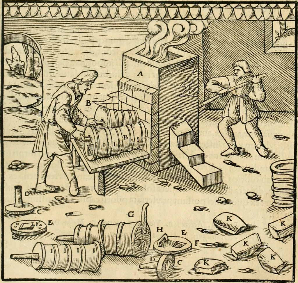 An illustration from Georgii Agricolae De re metallica libri XII. qvibus officia, instrumenta, machinae, ac omnia deni ad metallicam spectantia, non modo luculentissimè describuntur, sed & per effigies, suis locis insertas, adiunctis latinis, germanicis appellationibus ita ob oculos ponuntur, ut clarius tradi non possint. Eivsdem De animantibvs svbterraneis liber, ab autore recognitus: cum indicibus diuersis, quicqiuid in opere tractatum est, pulchré demonstrantibus, 1556, leaf 356