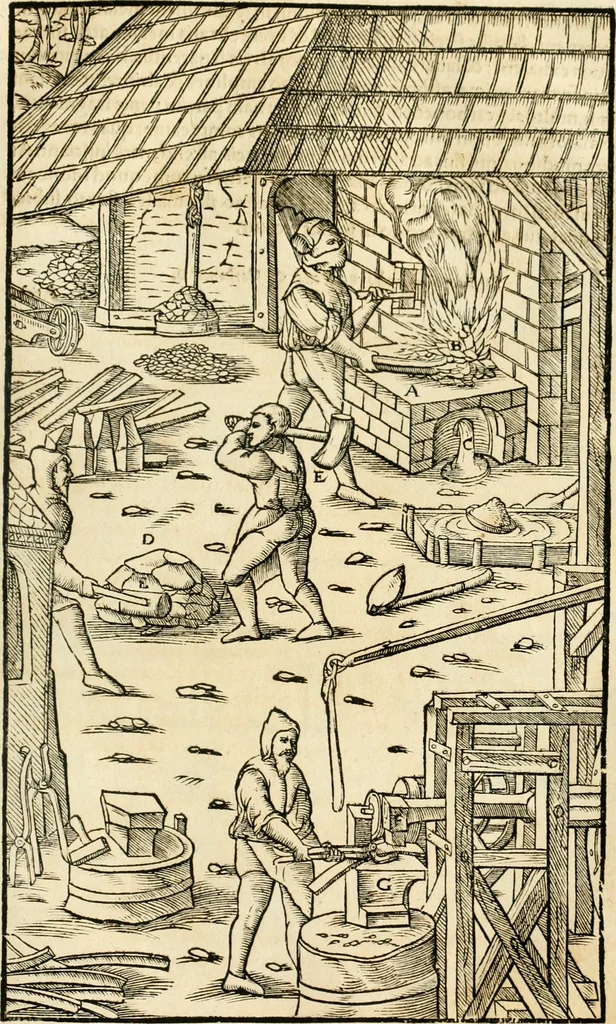 An illustration from Georgii Agricolae De re metallica libri XII. qvibus officia, instrumenta, machinae, ac omnia deni ad metallicam spectantia, non modo luculentissimè describuntur, sed & per effigies, suis locis insertas, adiunctis latinis, germanicis appellationibus ita ob oculos ponuntur, ut clarius tradi non possint. Eivsdem De animantibvs svbterraneis liber, ab autore recognitus: cum indicibus diuersis, quicqiuid in opere tractatum est, pulchré demonstrantibus, 1556, leaf 358