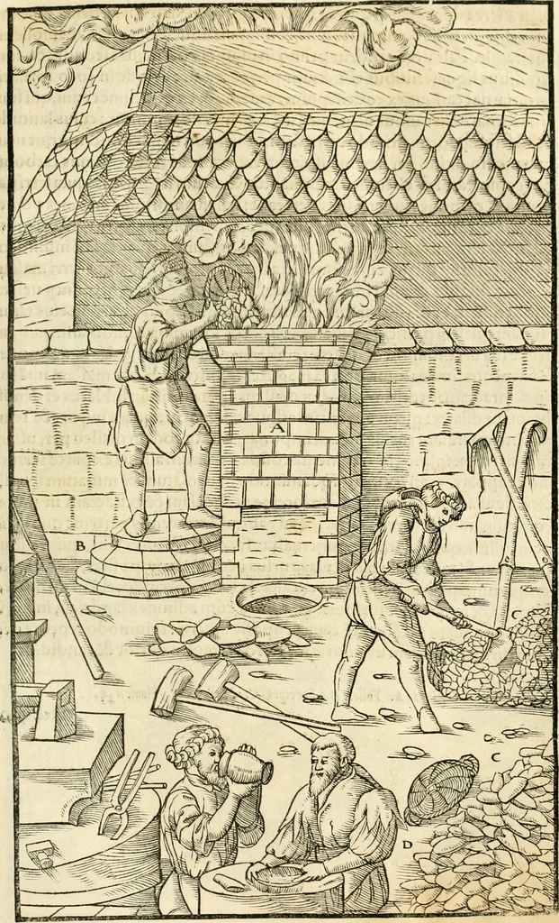 An illustration from Georgii Agricolae De re metallica libri XII. qvibus officia, instrumenta, machinae, ac omnia deni ad metallicam spectantia, non modo luculentissimè describuntur, sed & per effigies, suis locis insertas, adiunctis latinis, germanicis appellationibus ita ob oculos ponuntur, ut clarius tradi non possint. Eivsdem De animantibvs svbterraneis liber, ab autore recognitus: cum indicibus diuersis, quicqiuid in opere tractatum est, pulchré demonstrantibus, 1556, leaf 360