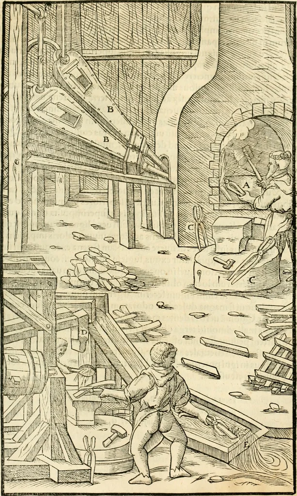 An illustration from Georgii Agricolae De re metallica libri XII. qvibus officia, instrumenta, machinae, ac omnia deni ad metallicam spectantia, non modo luculentissimè describuntur, sed & per effigies, suis locis insertas, adiunctis latinis, germanicis appellationibus ita ob oculos ponuntur, ut clarius tradi non possint. Eivsdem De animantibvs svbterraneis liber, ab autore recognitus: cum indicibus diuersis, quicqiuid in opere tractatum est, pulchré demonstrantibus, 1556, leaf 362