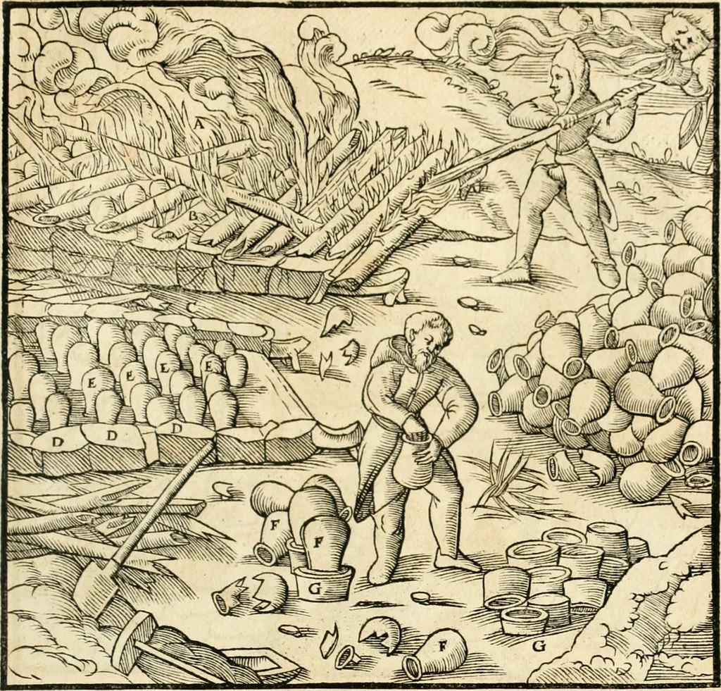 An illustration from Georgii Agricolae De re metallica libri XII. qvibus officia, instrumenta, machinae, ac omnia deni ad metallicam spectantia, non modo luculentissimè describuntur, sed & per effigies, suis locis insertas, adiunctis latinis, germanicis appellationibus ita ob oculos ponuntur, ut clarius tradi non possint. Eivsdem De animantibvs svbterraneis liber, ab autore recognitus: cum indicibus diuersis, quicqiuid in opere tractatum est, pulchré demonstrantibus, 1556, leaf 364