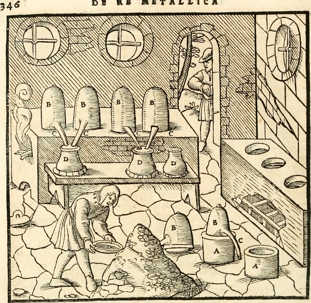 An illustration from Georgii Agricolae De re metallica libri XII. qvibus officia, instrumenta, machinae, ac omnia deni ad metallicam spectantia, non modo luculentissimè describuntur, sed & per effigies, suis locis insertas, adiunctis latinis, germanicis appellationibus ita ob oculos ponuntur, ut clarius tradi non possint. Eivsdem De animantibvs svbterraneis liber, ab autore recognitus: cum indicibus diuersis, quicqiuid in opere tractatum est, pulchré demonstrantibus, 1556, leaf 365