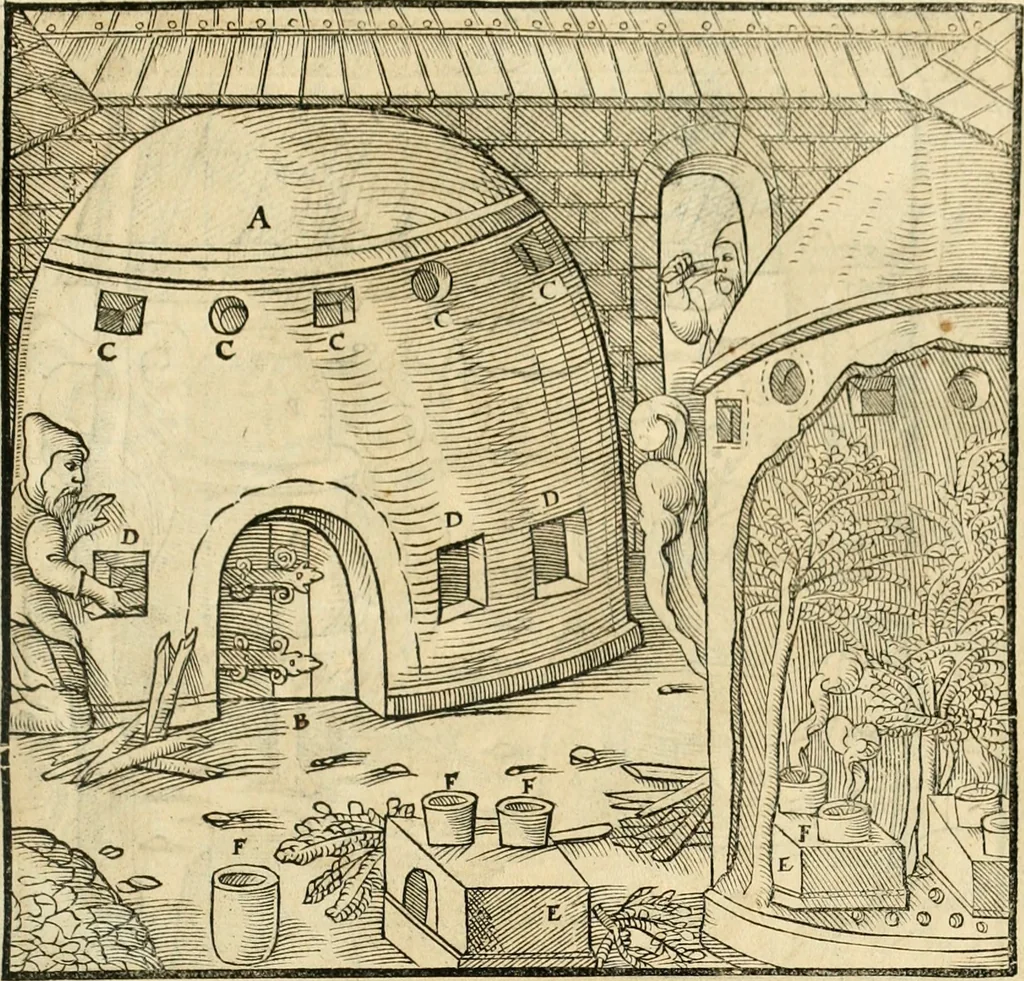 An illustration from Georgii Agricolae De re metallica libri XII. qvibus officia, instrumenta, machinae, ac omnia deni ad metallicam spectantia, non modo luculentissimè describuntur, sed & per effigies, suis locis insertas, adiunctis latinis, germanicis appellationibus ita ob oculos ponuntur, ut clarius tradi non possint. Eivsdem De animantibvs svbterraneis liber, ab autore recognitus: cum indicibus diuersis, quicqiuid in opere tractatum est, pulchré demonstrantibus, 1556, leaf 366