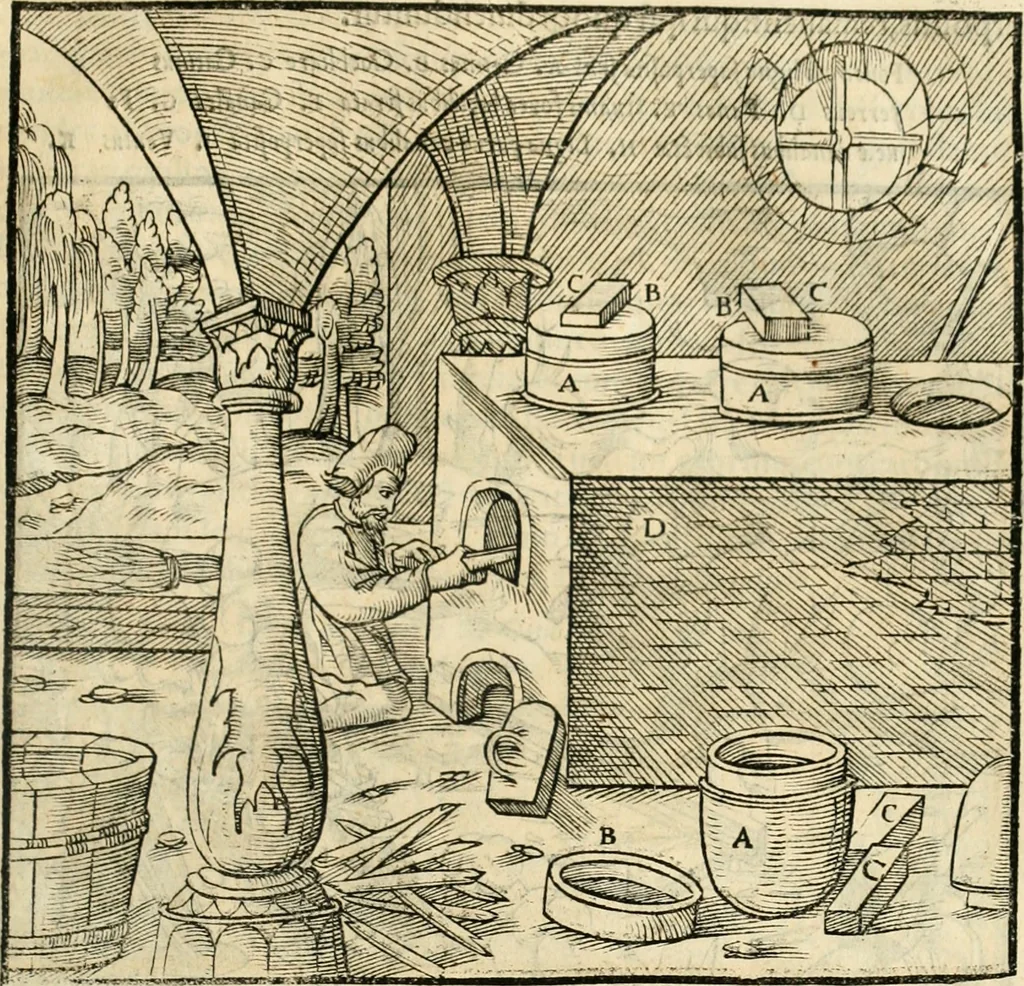 An illustration from Georgii Agricolae De re metallica libri XII. qvibus officia, instrumenta, machinae, ac omnia deni ad metallicam spectantia, non modo luculentissimè describuntur, sed & per effigies, suis locis insertas, adiunctis latinis, germanicis appellationibus ita ob oculos ponuntur, ut clarius tradi non possint. Eivsdem De animantibvs svbterraneis liber, ab autore recognitus: cum indicibus diuersis, quicqiuid in opere tractatum est, pulchré demonstrantibus, 1556, leaf 368