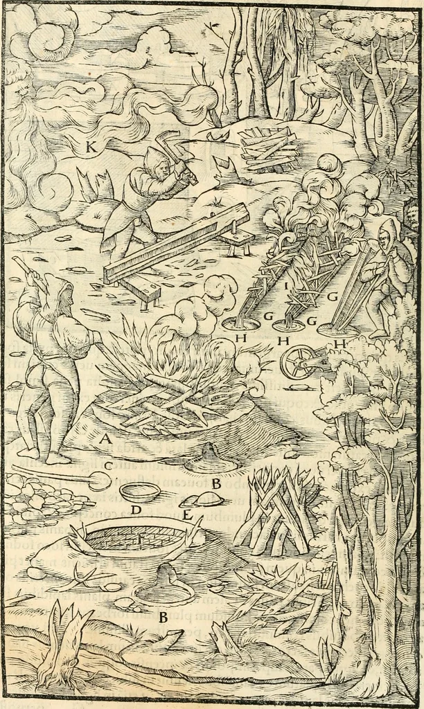 An illustration from Georgii Agricolae De re metallica libri XII. qvibus officia, instrumenta, machinae, ac omnia deni ad metallicam spectantia, non modo luculentissimè describuntur, sed & per effigies, suis locis insertas, adiunctis latinis, germanicis appellationibus ita ob oculos ponuntur, ut clarius tradi non possint. Eivsdem De animantibvs svbterraneis liber, ab autore recognitus: cum indicibus diuersis, quicqiuid in opere tractatum est, pulchré demonstrantibus, 1556, leaf 369