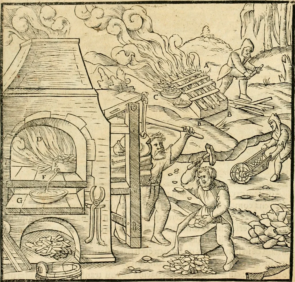 An illustration from Georgii Agricolae De re metallica libri XII. qvibus officia, instrumenta, machinae, ac omnia deni ad metallicam spectantia, non modo luculentissimè describuntur, sed & per effigies, suis locis insertas, adiunctis latinis, germanicis appellationibus ita ob oculos ponuntur, ut clarius tradi non possint. Eivsdem De animantibvs svbterraneis liber, ab autore recognitus: cum indicibus diuersis, quicqiuid in opere tractatum est, pulchré demonstrantibus, 1556, leaf 370