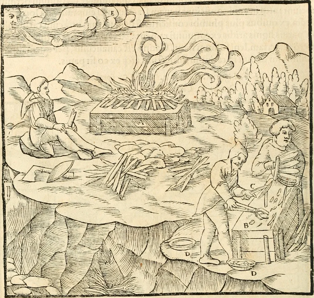 An illustration from Georgii Agricolae De re metallica libri XII. qvibus officia, instrumenta, machinae, ac omnia deni ad metallicam spectantia, non modo luculentissimè describuntur, sed & per effigies, suis locis insertas, adiunctis latinis, germanicis appellationibus ita ob oculos ponuntur, ut clarius tradi non possint. Eivsdem De animantibvs svbterraneis liber, ab autore recognitus: cum indicibus diuersis, quicqiuid in opere tractatum est, pulchré demonstrantibus, 1556, leaf 371